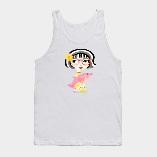 Girl with Pink Dolphin / Maisie & Moon Tank Top by tracey